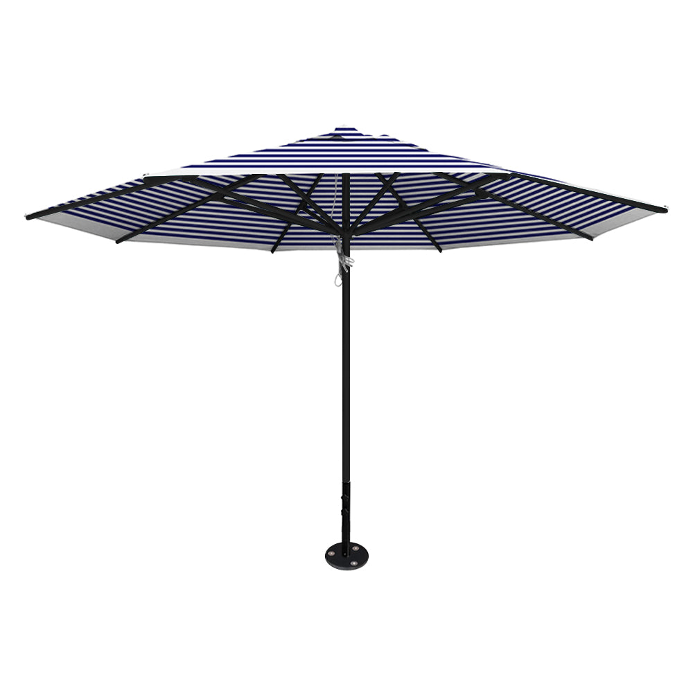 Blue stripe 13' saville octagonal outdoor umbrella featuring a black frame and inground base by Extreme Canopy