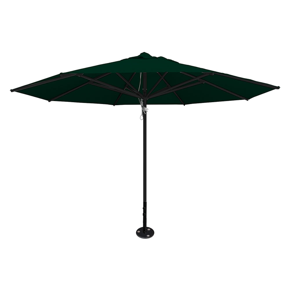 Forest 13' saville octagonal outdoor umbrella featuring a black frame and inground base by Extreme Canopy