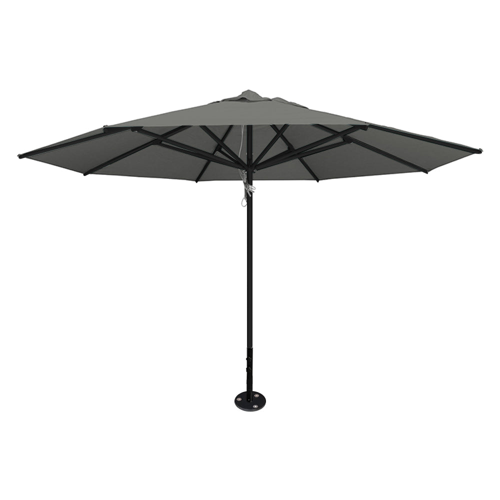 Gray 13' saville octagonal outdoor umbrella featuring a black frame and inground base by Extreme Canopy