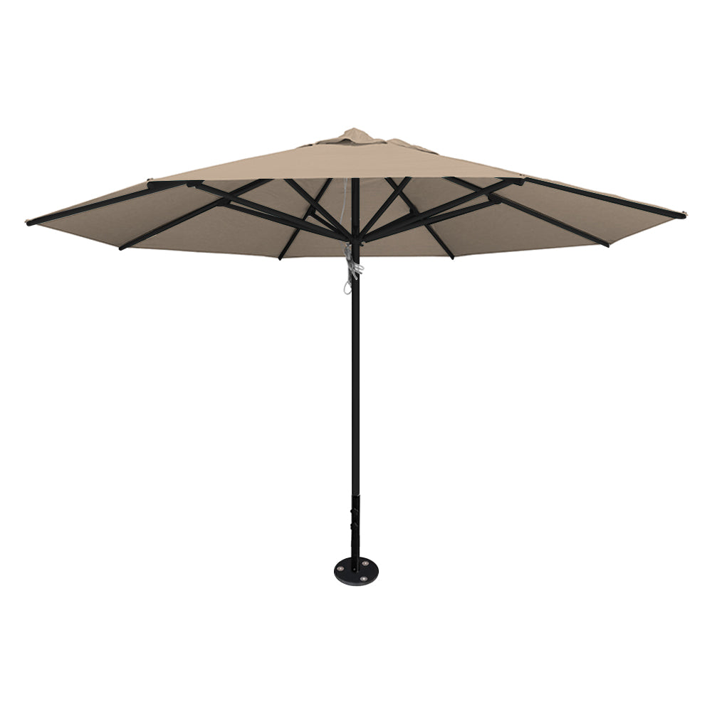 Linen 13' saville octagonal outdoor umbrella featuring a black frame and inground base by Extreme Canopy