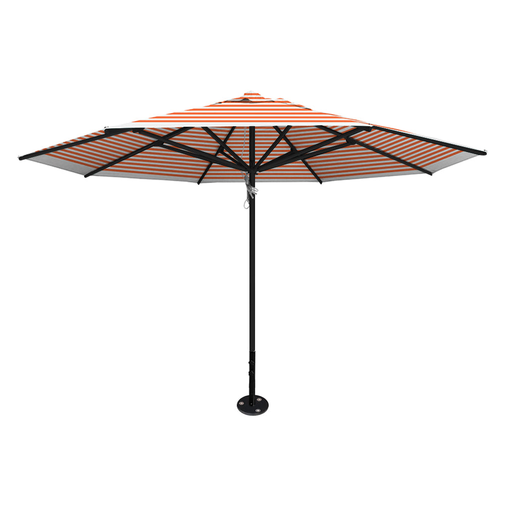 Orange stripe 13' saville octagonal outdoor umbrella featuring a black frame and inground base by Extreme Canopy