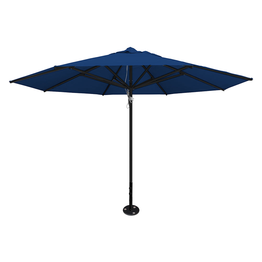 Pacific blue 13' saville octagonal outdoor umbrella featuring a black frame and inground base by Extreme Canopy