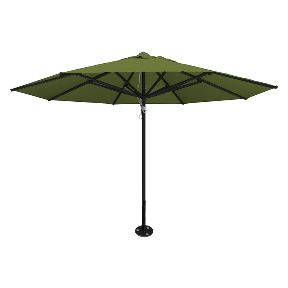 Pistachio 13' saville octagonal outdoor umbrella featuring a black frame and inground base by Extreme Canopy