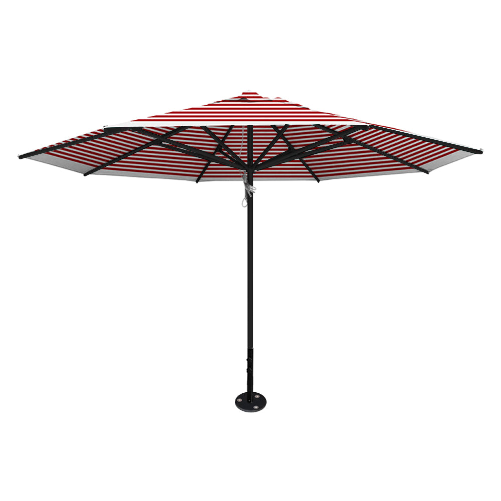 Red stripe 13' saville octagonal outdoor umbrella featuring a black frame and inground base by Extreme Canopy