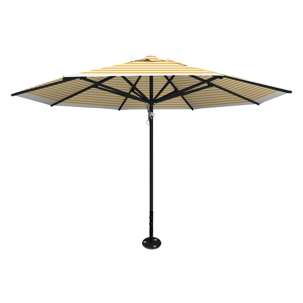 Sunflower stripe 13' saville octagonal outdoor umbrella featuring a black frame and inground base by Extreme Canopy