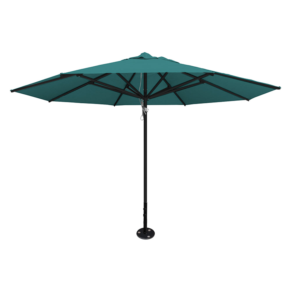 Turquiose 13' saville octagonal outdoor umbrella featuring a black frame and inground base by Extreme Canopy