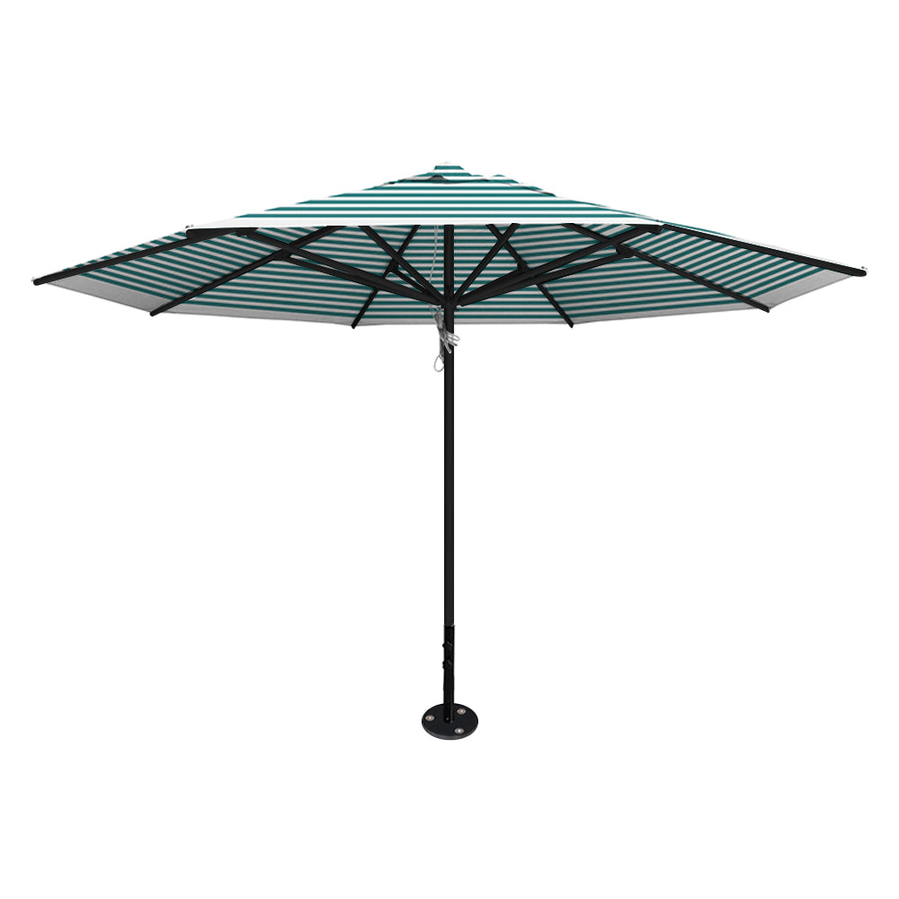 Turquiose stripe 13' saville octagonal outdoor umbrella featuring a black frame and inground base by Extreme Canopy