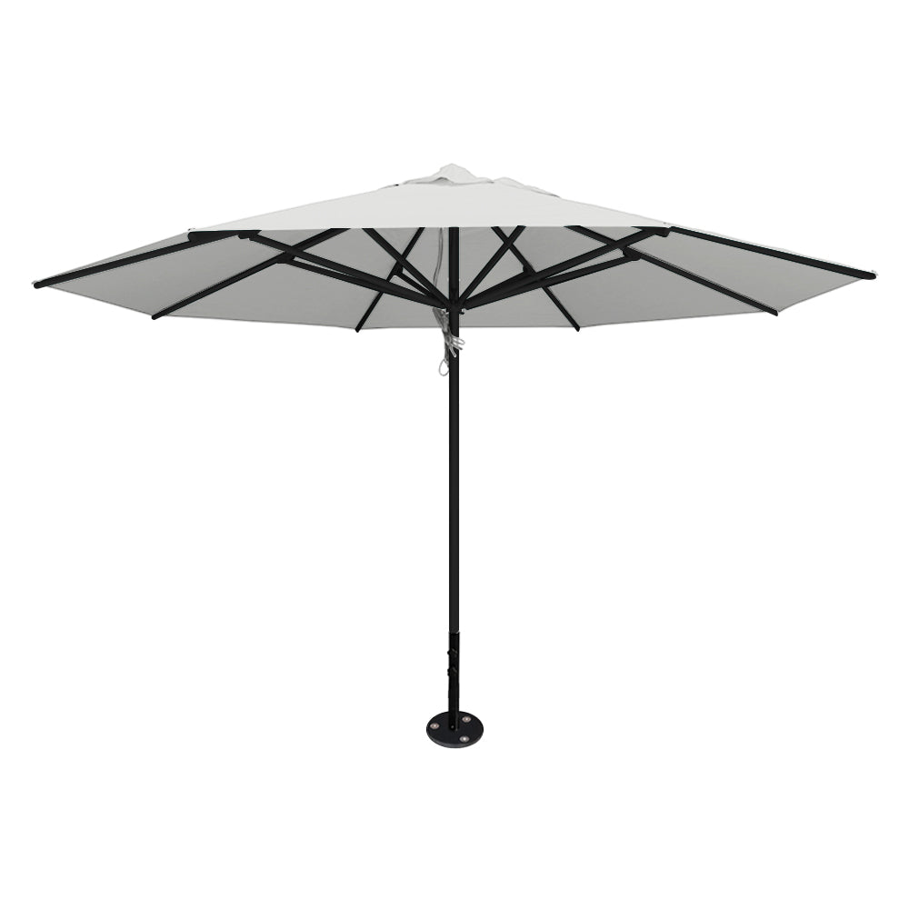 White 13' saville octagonal outdoor umbrella featuring a black frame and inground base by Extreme Canopy