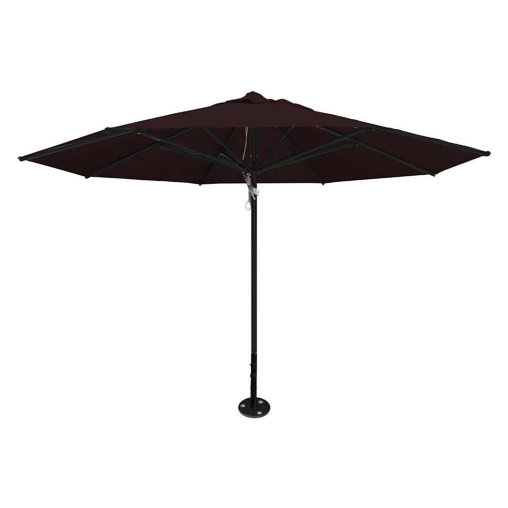 Brown 13' saville octagonal outdoor umbrella featuring a black frame and inground base by Extreme Canopy