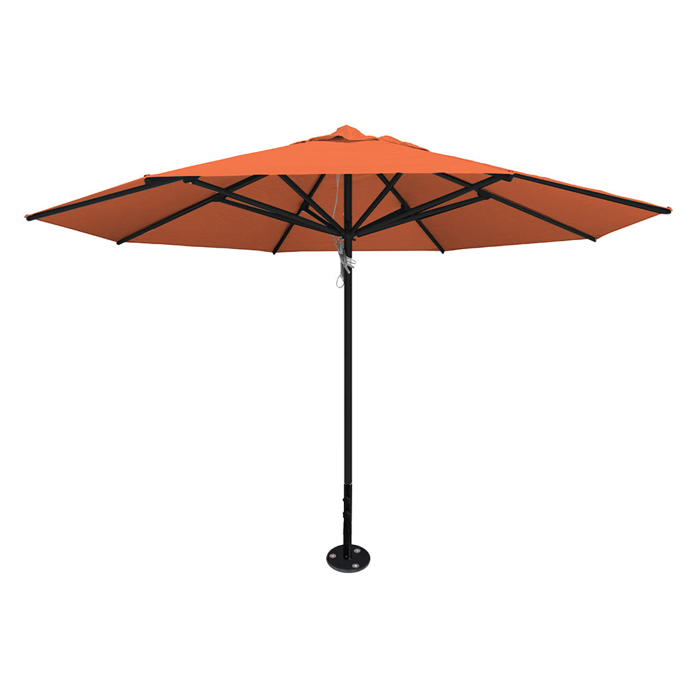 Orange 13' saville octagonal outdoor umbrella featuring a black frame and inground base by Extreme Canopy