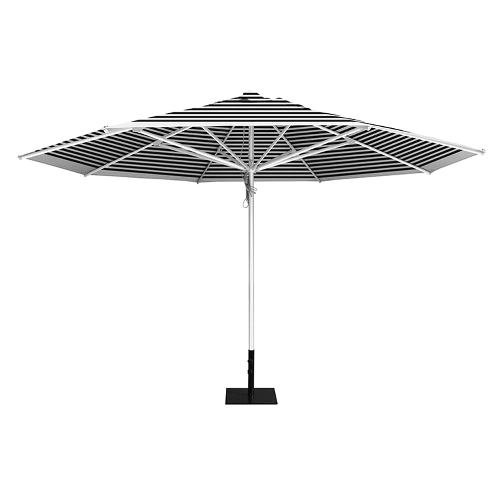 Black stripe 13' saville octagonal outdoor umbrella featuring a white frame and 26lb Base Plate by Extreme Canopy