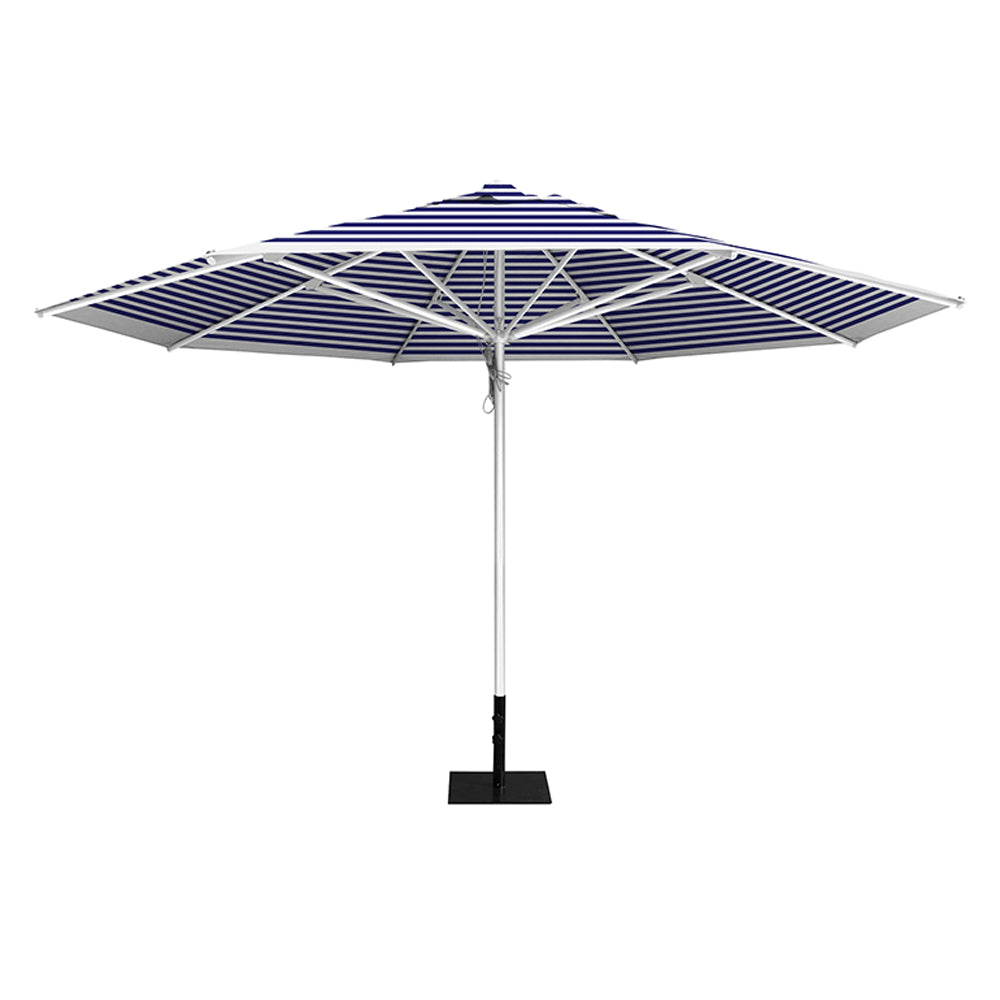 Blue stripe 13' saville octagonal outdoor umbrella featuring a white frame and 26lb Base Plate by Extreme Canopy