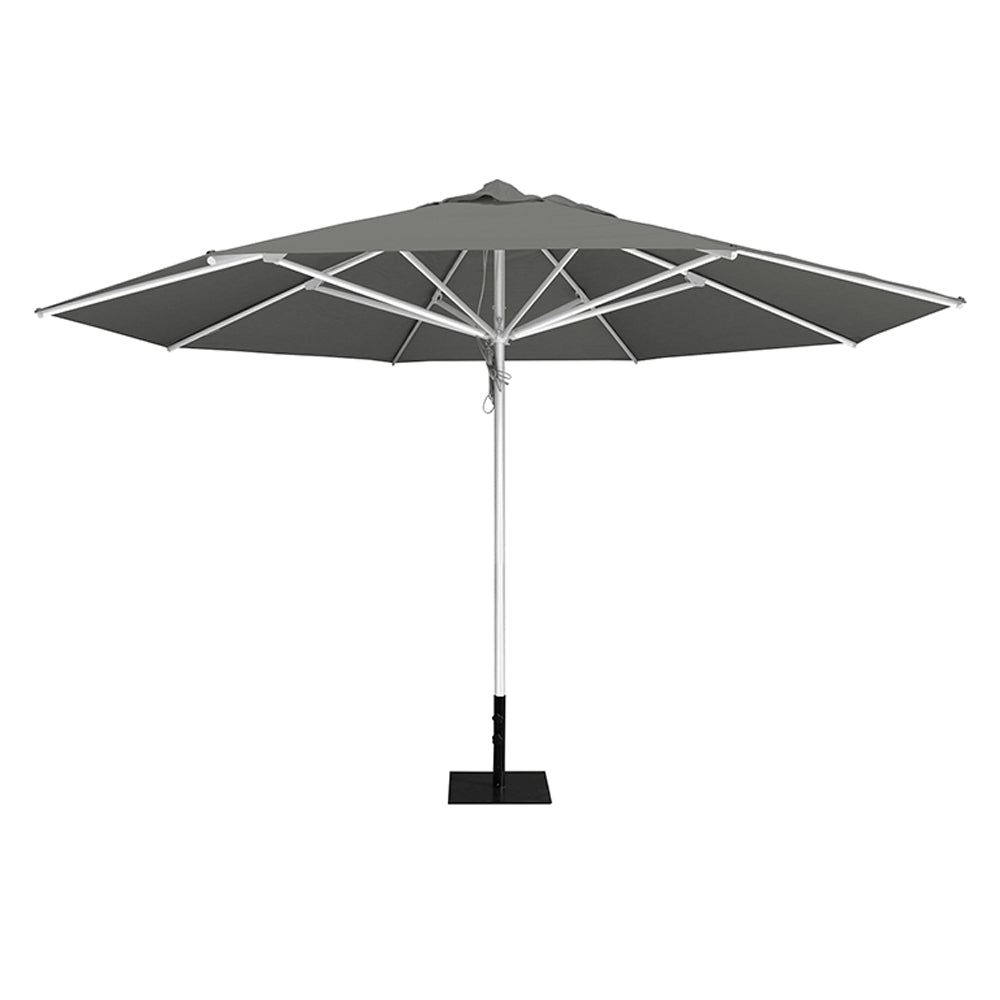 Gray 13' saville octagonal outdoor umbrella featuring a white frame and 26lb Base Plate by Extreme Canopy