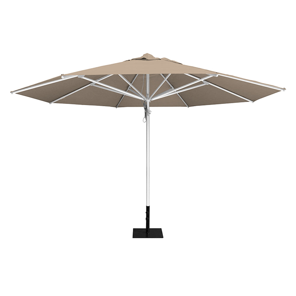 Linen 13' saville octagonal outdoor umbrella featuring a silver frame and 26lb Base Plate by Extreme Canopy