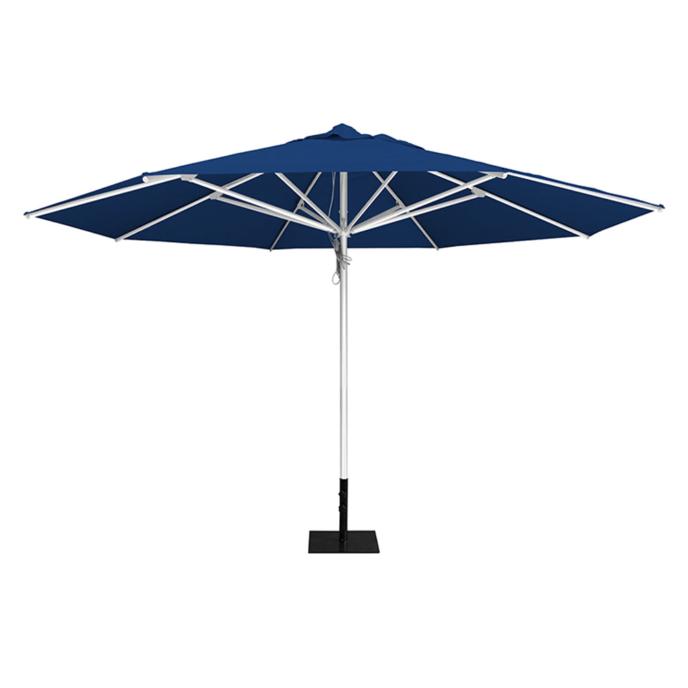 Pacific blue 13' saville octagonal outdoor umbrella featuring a white frame and 26lb Base Plate by Extreme Canopy