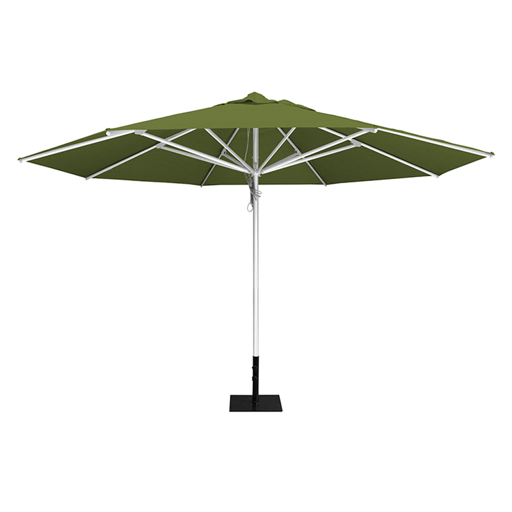 Pistachio 13' saville octagonal outdoor umbrella featuring a white frame and 26lb Base Plate by Extreme Canopy