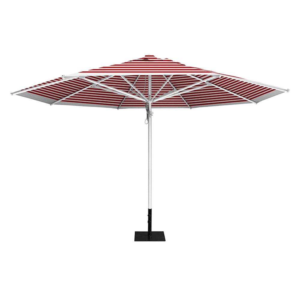 Red stripe 13' saville octagonal outdoor umbrella featuring a white frame and 26lb Base Plate by Extreme Canopy