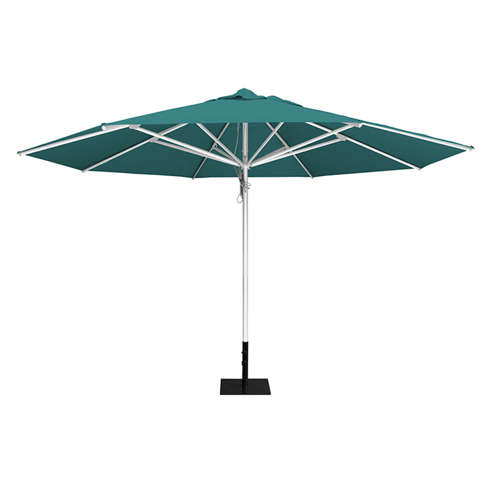 Turquiose 13' saville octagonal outdoor umbrella featuring a white frame and 26lb Base Plate by Extreme Canopy