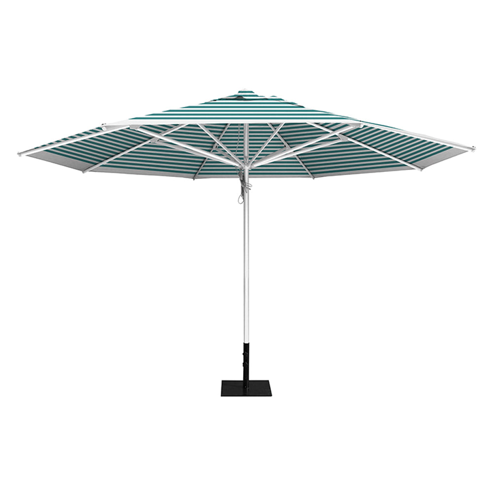 Turquiose stripe 13' saville octagonal outdoor umbrella featuring a white frame and 26lb Base Plate by Extreme Canopy
