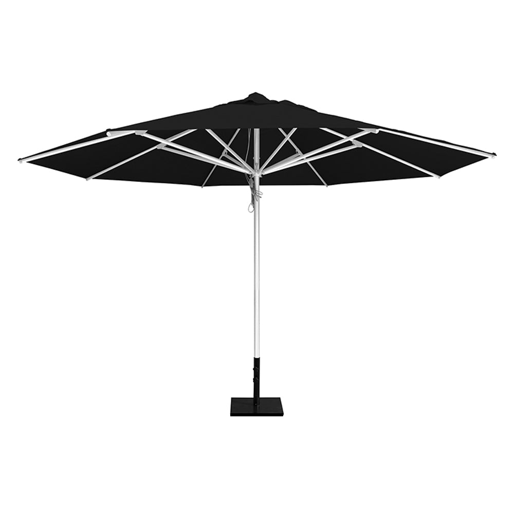 Black 13' saville octagonal outdoor umbrella featuring a white frame and 50lb Base Plate by Extreme Canopy