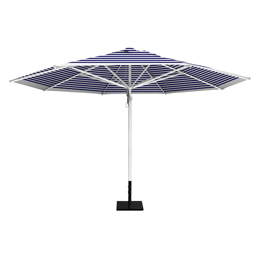 Blue Stripe 13' saville octagonal outdoor umbrella featuring a white frame and 50lb Base Plate by Extreme Canopy