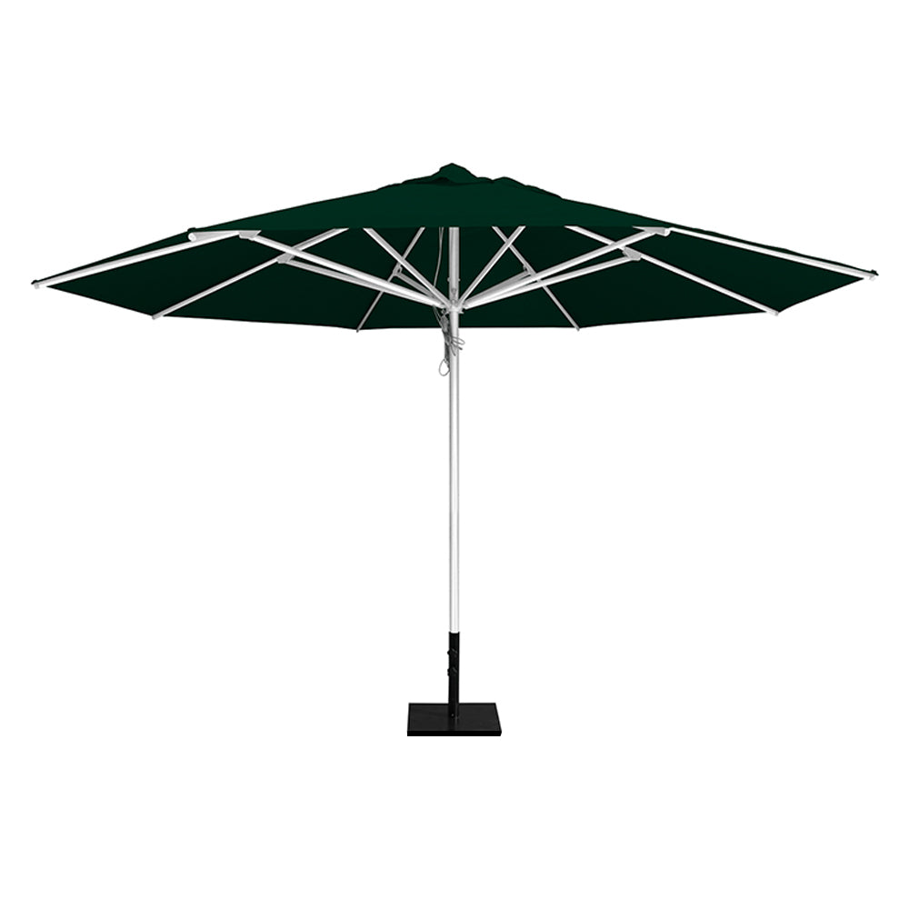 Forest 13' saville octagonal outdoor umbrella featuring a white frame and 50lb Base Plate by Extreme Canopy