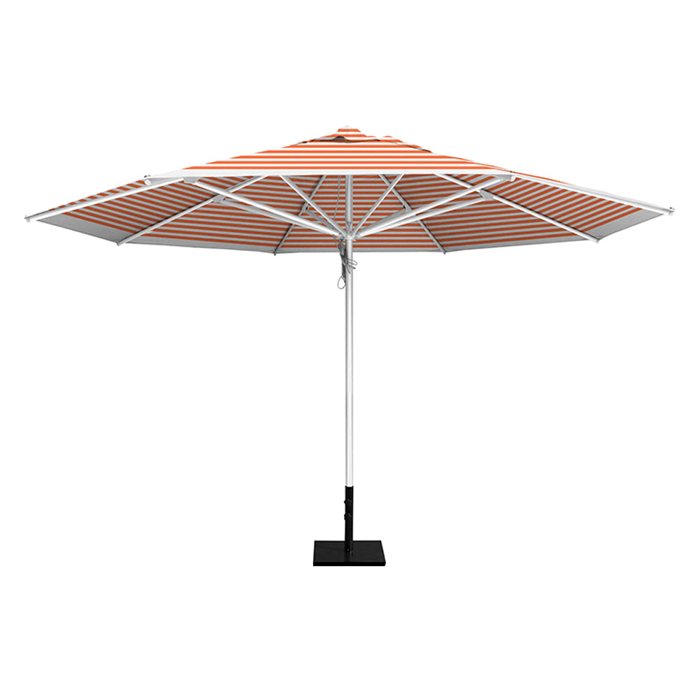 Orange stripe 13' saville octagonal outdoor umbrella featuring a white frame and 50lb Base Plate by Extreme Canopy