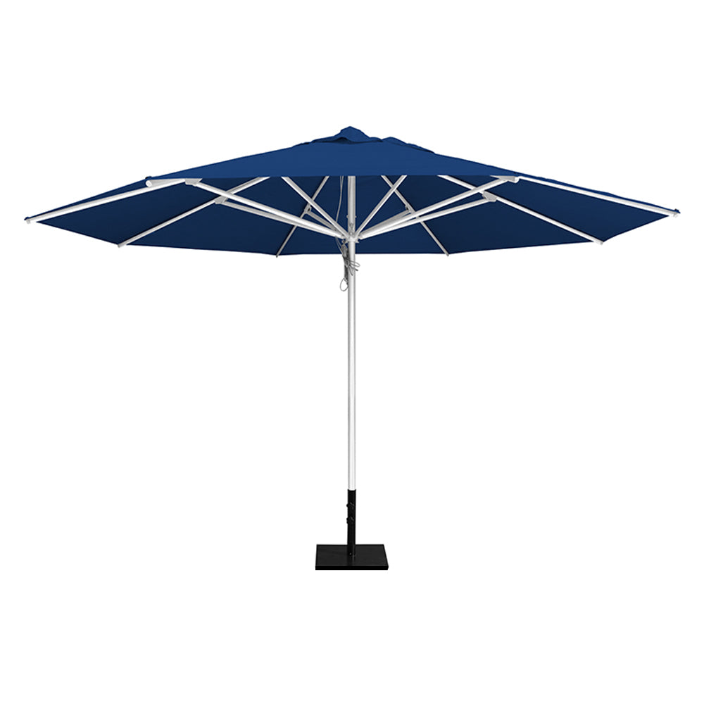 Pacific Blue 13' saville octagonal outdoor umbrella featuring a white frame and 50lb Base Plate by Extreme Canopy
