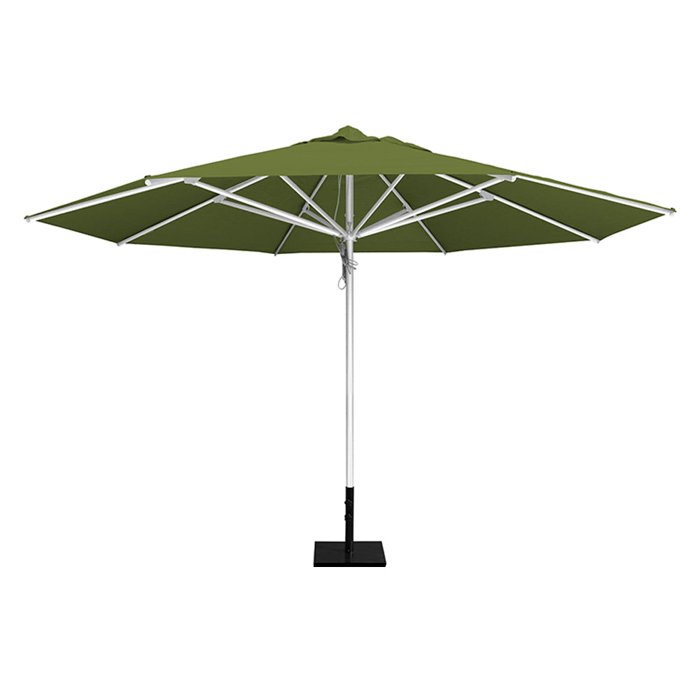Pistachio 13' saville octagonal outdoor umbrella featuring a white frame and 50lb Base Plate by Extreme Canopy