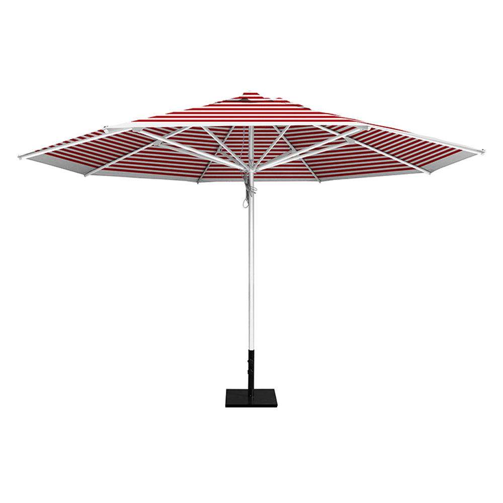 Red stripe 13' saville octagonal outdoor umbrella featuring a white frame and 50lb Base Plate by Extreme Canopy