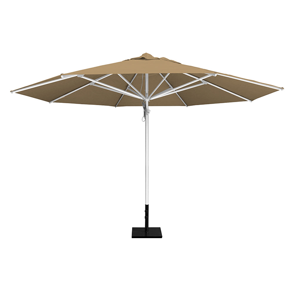 Toast 13' saville octagonal outdoor umbrella featuring a white frame and 50lb Base Plate by Extreme Canopy