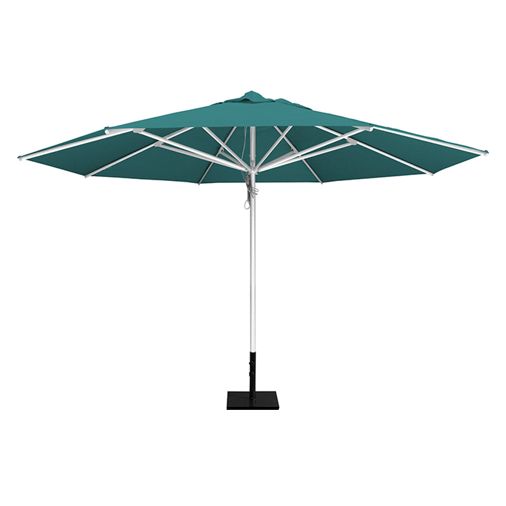 Turquiose 13' saville octagonal outdoor umbrella featuring a white frame and 50lb Base Plate by Extreme Canopy