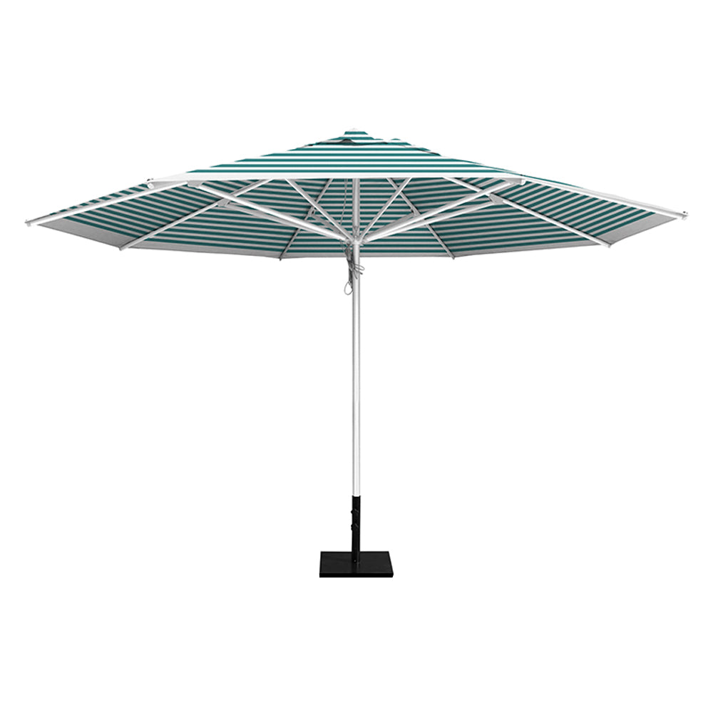 Turquiose stripe 13' saville octagonal outdoor umbrella featuring a white frame and 50lb Base Plate by Extreme Canopy