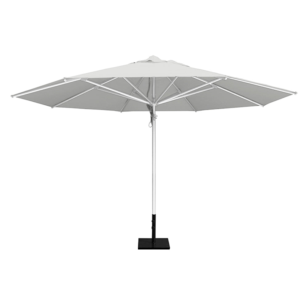White 13' saville octagonal outdoor umbrella featuring a white frame and 50lb Base Plate by Extreme Canopy