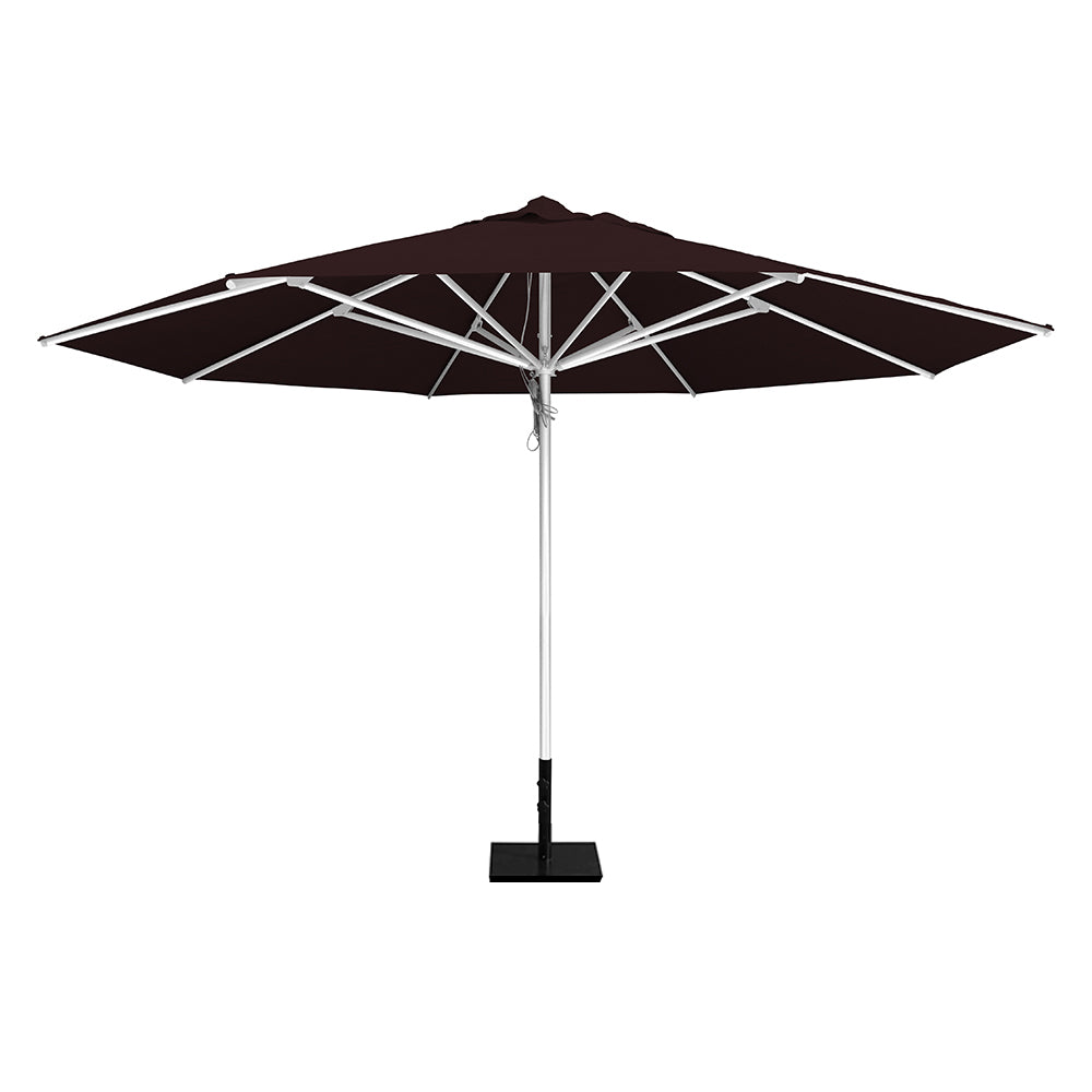 Brown 13' saville octagonal outdoor umbrella featuring a white frame and 50lb Base Plate by Extreme Canopy