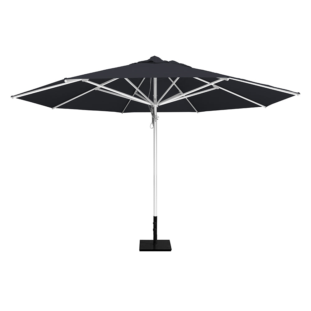 Charcoal 13' saville octagonal outdoor umbrella featuring a white frame and 50lb Base Plate by Extreme Canopy