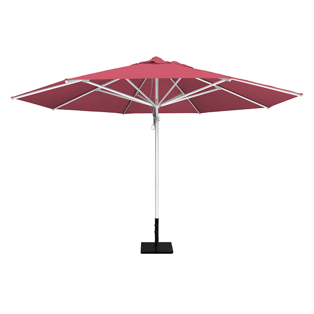 Coral 13' saville octagonal outdoor umbrella featuring a white frame and 50lb Base Plate by Extreme Canopy