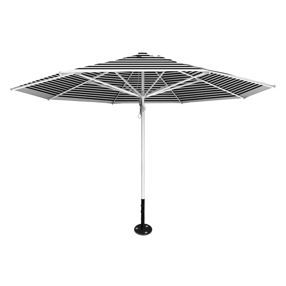 Black stripe 13' saville octagonal outdoor umbrella featuring a silver frame and inground base by Extreme Canopy
