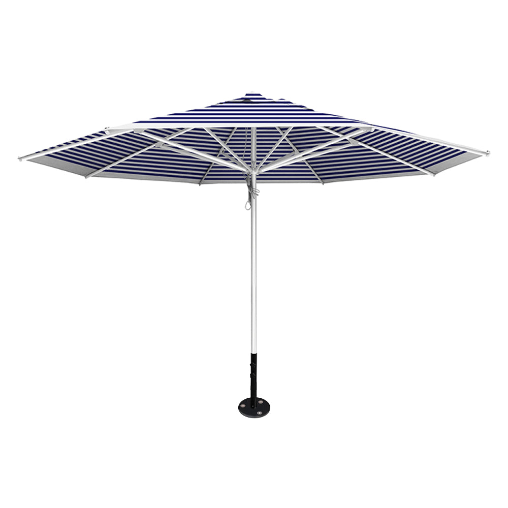 Blue stripe 13' saville octagonal outdoor umbrella featuring a silver frame and inground base by Extreme Canopy