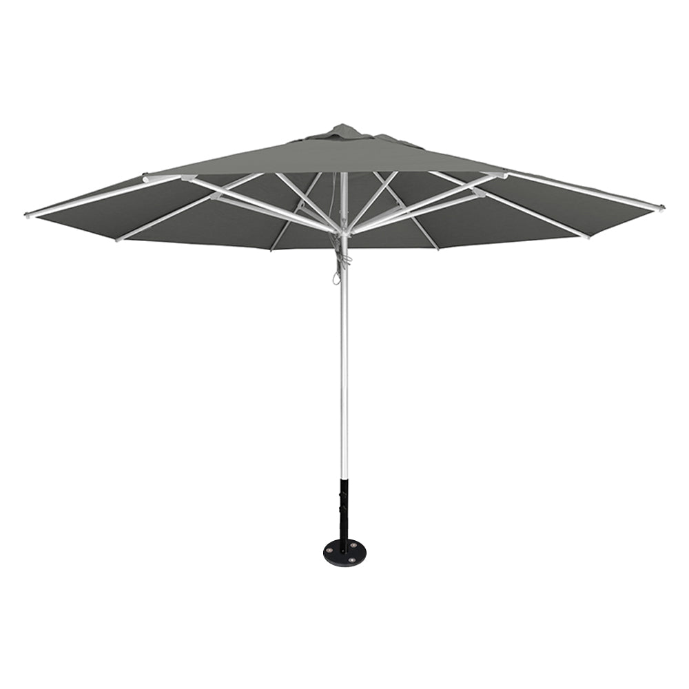 Gray 13' saville octagonal outdoor umbrella featuring a silver frame and inground base by Extreme Canopy
