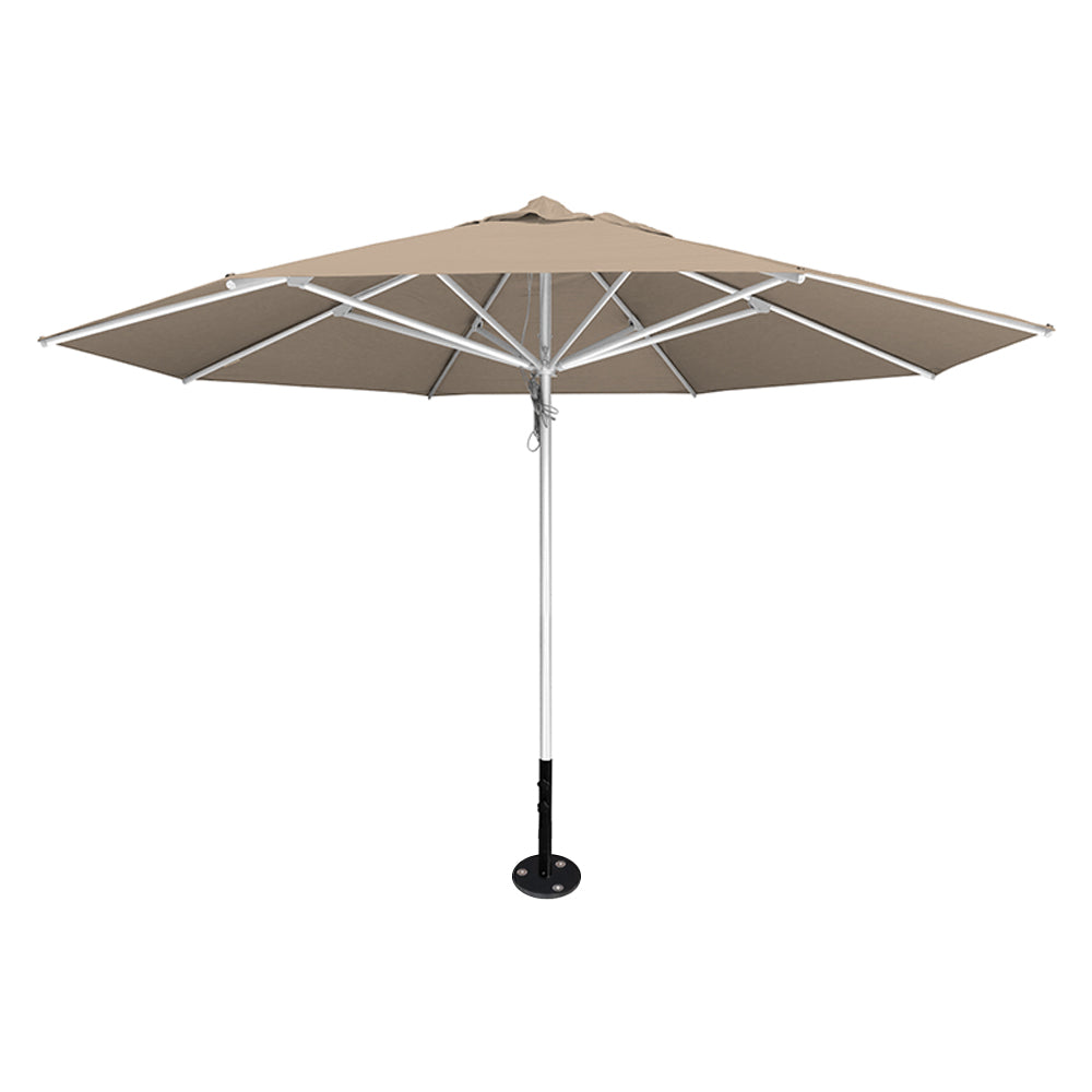 Linen 13' saville octagonal outdoor umbrella featuring a silver frame and inground base by Extreme Canopy