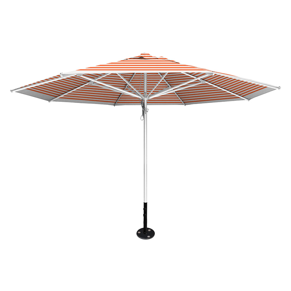 Orange stripe 13' saville octagonal outdoor umbrella featuring a silver frame and inground base by Extreme Canopy