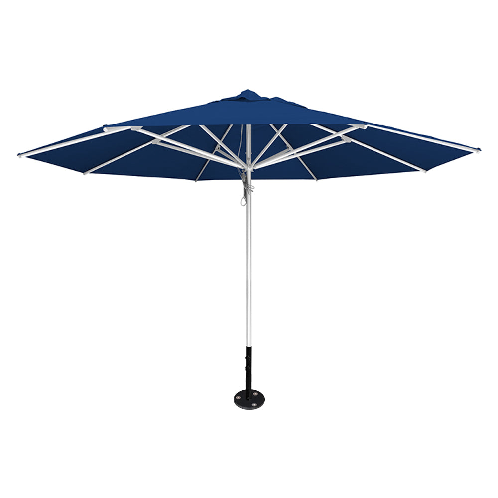 Pacific blue 13' saville octagonal outdoor umbrella featuring a silver frame and inground base by Extreme Canopy