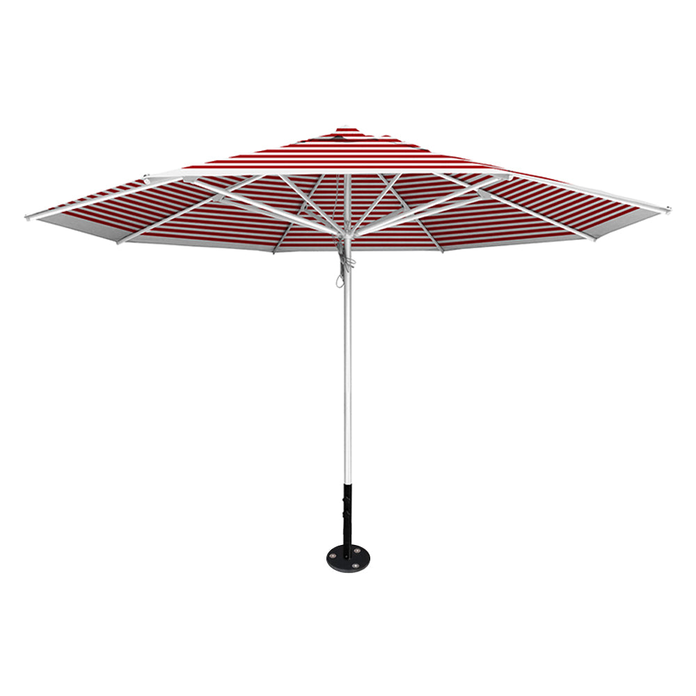 Red stripe 13' saville octagonal outdoor umbrella featuring a silver frame and inground base by Extreme Canopy