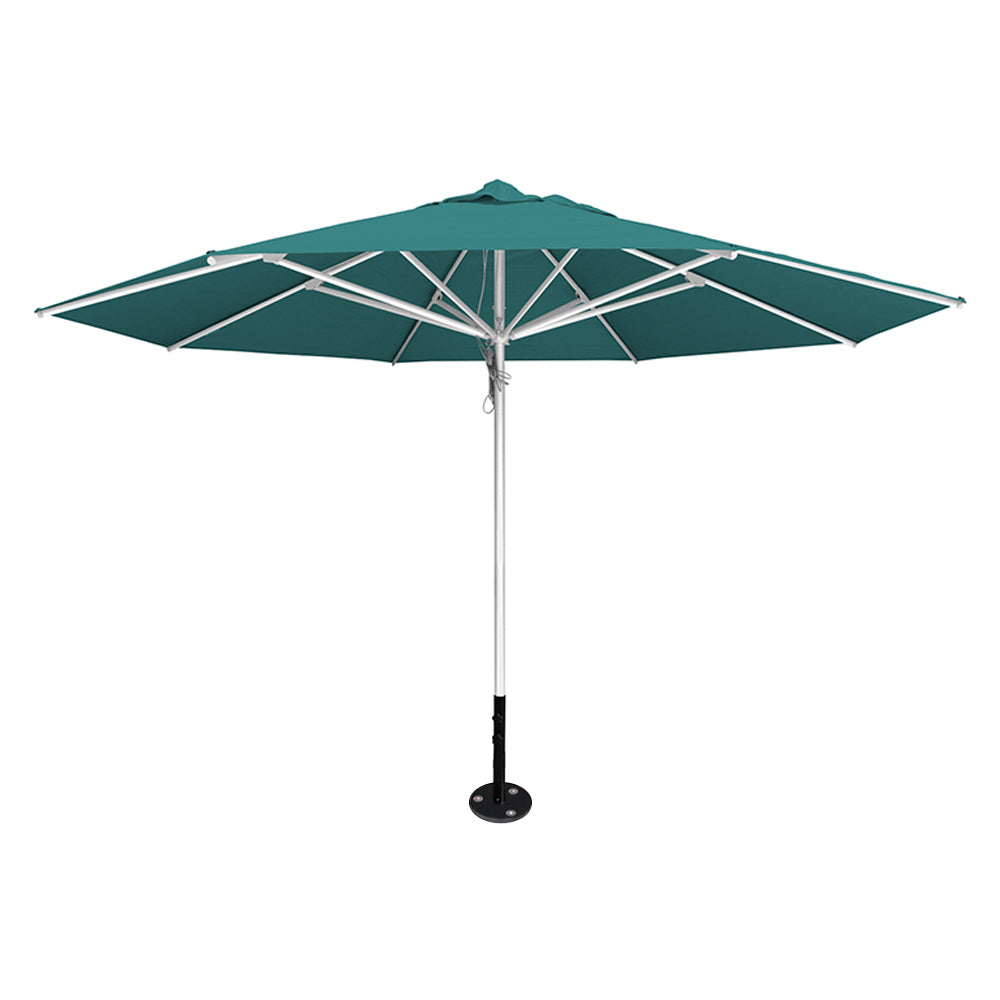 Turquiose 13' saville octagonal outdoor umbrella featuring a silver frame and inground base by Extreme Canopy