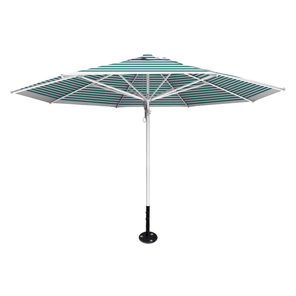 Turquiose stripe 13' saville octagonal outdoor umbrella featuring a silver frame and inground base by Extreme Canopy