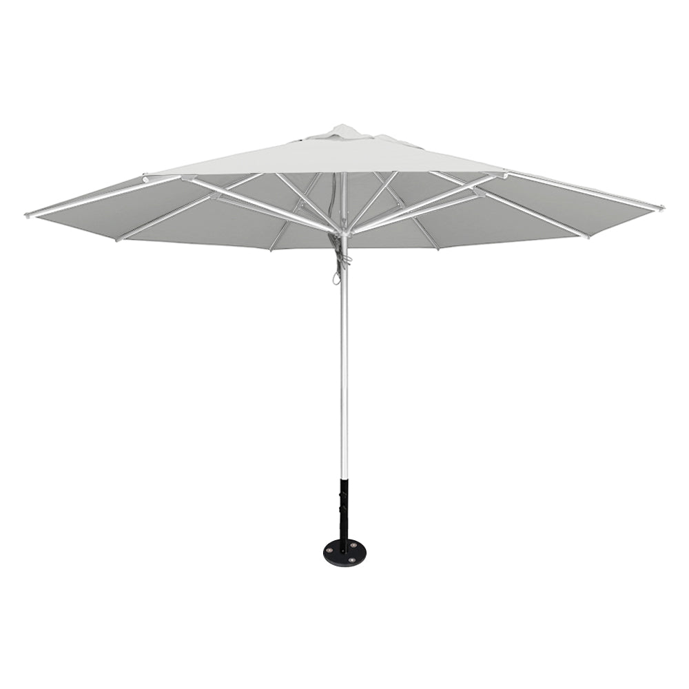 White 13' saville octagonal outdoor umbrella featuring a silver frame and inground base by Extreme Canopy