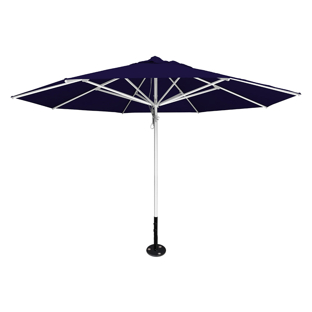 Navy 13' saville octagonal outdoor umbrella featuring a silver frame and inground base by Extreme Canopy