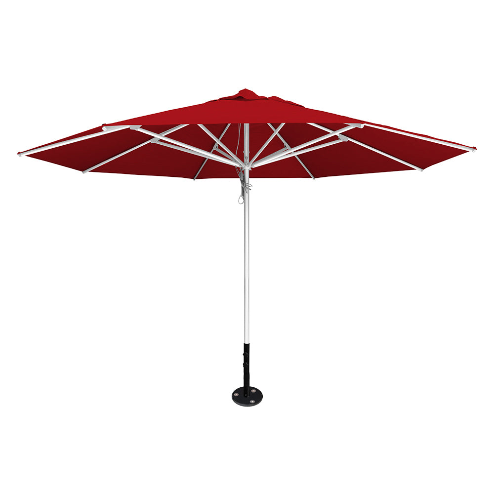 Red 13' saville octagonal outdoor umbrella featuring a silver frame and inground base by Extreme Canopy