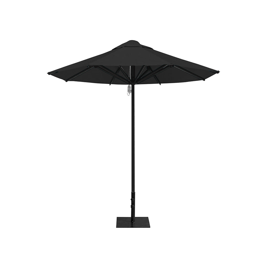 8' Saville octagonal outdoor umbrella from Extreme Canopy with black canopy, durable black frame, and 26 lb steel base for stability.